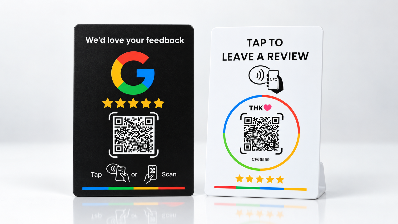 Tarjetas NFC negra y blanca para solicitar reseñas de Google
